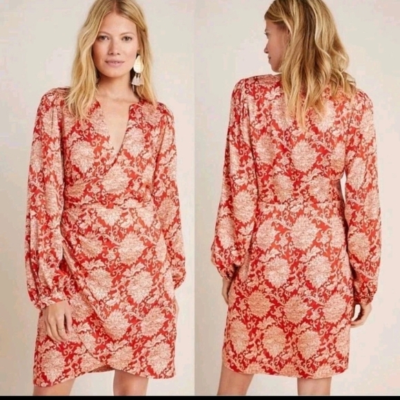 By Anthropologie Dresses & Skirts - Anthropologie Skylar Floral Red Silk Blend Boho Faux Wrap Mini Dress. 8